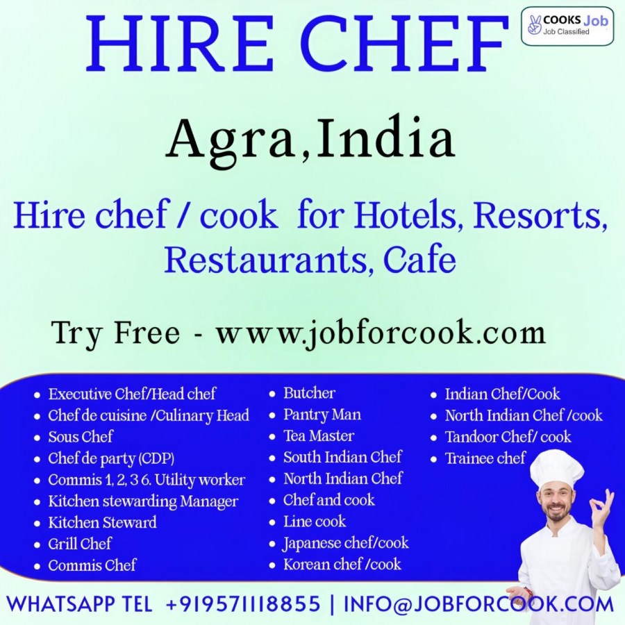 Uttar Pradesh Agra city chef and cooks placements services.